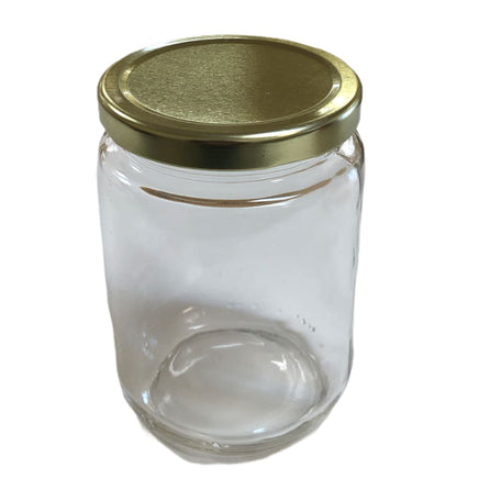 500 g / 375 ml short cylinder glass honey jars with gold lids gold twist on 70 mm